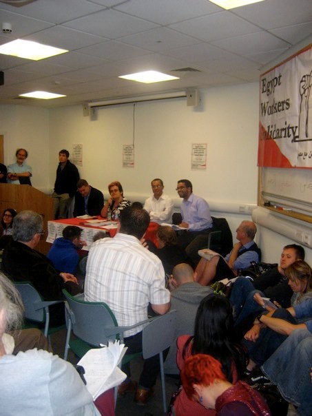 Kamal Abbas and Tamer Fathy (right) at the London EWS meeting; chair Janine Booth, RMT national executive