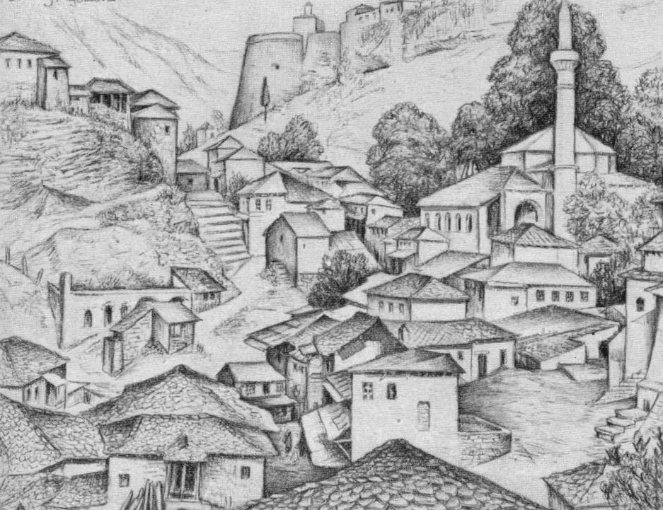 Gjirokastra: Kadare’s place of birth, an illustration by Jan and Cora Gordon, from their book, ‘Two Vagabonds in Albania’ (orig. published in 1927)