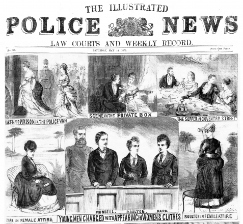"Young men charged with appearing in Women's Clothes" — Illustrated Police news, 14 May 1970