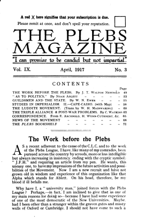 A black-and-white scanned page from an early 20th-century publication titled “The Plebs Magazine.”