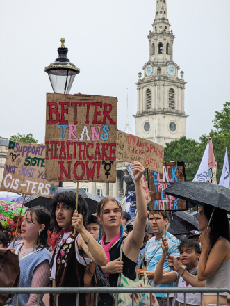 Placard reading "Better trans healthcare now!"