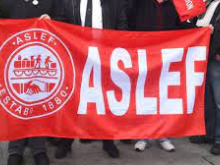 Red Aslef flag showing Aslef logo