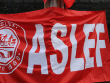 Red Aslef flag showing Aslef logo