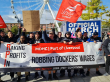Striking Liverpool dockers outside Labour Party conference 2022