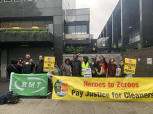 RMT cleaners' picket line, a large yellow banner reads "Heroes to Zeroes: Pay Justice for Cleaners"