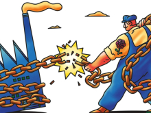 Cartoon of worker breaking chains to factory