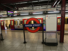 Platform at Baker Street station with London Underground roundel