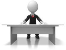 Cartoon of a figure in a suit and tie sitting behind a desk