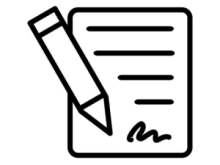 A black-and-white icon of a pencil angled over a sheet of paper, with horizontal lines indicating text and a small signature mark at the bottom.