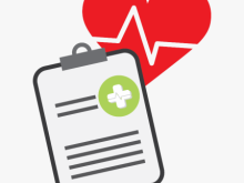 A stylized healthcare icon showing a clipboard with lines representing text and a green medical cross symbol, set in front of a red heart with a white heartbeat line.