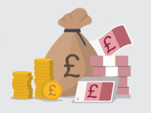 Cartoon of notes, coins, and a brown sack with pound signs on them