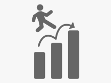 A simple icon of a person leaping upward across three ascending bar-chart columns, with curved arrows showing forward movement and progress.