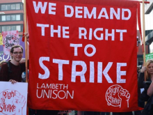 Lambeth Unison banner: "We demand the right to strike"