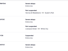London Underground service status screen showing severe delays on the Bakerloo, Central, and District lines, and a full suspension of the Circle line. Partial suspensions are also listed on sections of the Bakerloo and Central lines.