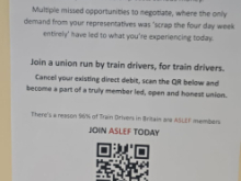 Poster from the ASLEF train drivers’ union encouraging workers to join ASLEF. The headline reads “SICK OF STRIKING?” and criticises union leadership for missed negotiations. The poster invites train drivers to cancel their existing union membership and join ASLEF, stating that 96% of train drivers in Britain are ASLEF members. A QR code appears at the bottom beneath the text “JOIN ASLEF TODAY.”