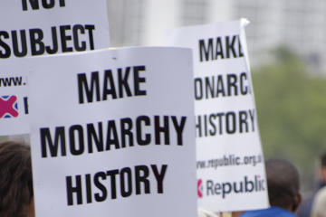 Photo of placards which say “make monarchy history”