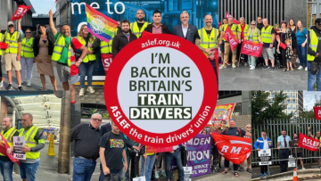 An Aslef photo montage with the slogan “I’m backing Britain’s train drivers” in the centre