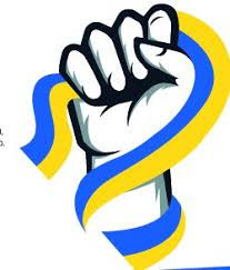 An illustration of a clenched fist holding a ribbon in the yellow-and-blue colours of the Ukrainian flag