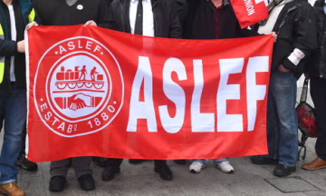 Red Aslef flag showing Aslef logo