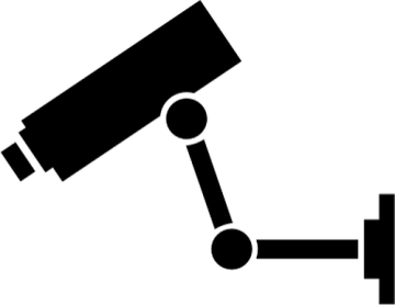 Black silhouette of a CCTV security camera mounted on an adjustable wall bracket, shown against a white background.