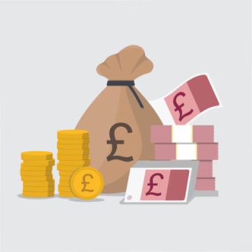 Cartoon of notes, coins, and a brown sack with pound signs on them