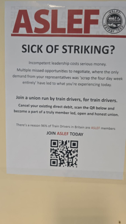Poster from the ASLEF train drivers’ union encouraging workers to join ASLEF. The headline reads “SICK OF STRIKING?” and criticises union leadership for missed negotiations. The poster invites train drivers to cancel their existing union membership and join ASLEF, stating that 96% of train drivers in Britain are ASLEF members. A QR code appears at the bottom beneath the text “JOIN ASLEF TODAY.”