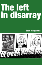 Book Cover "The Left in Disarray" in white text on a green background with an image below depicting Marx and Lenin "facepalming" at a sign which reads; "We are Hezbullah, Boycott Israel"