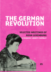 Pamphlet Cover "The German Revolution: Selected Writings of Rosa Luxemburg" on a pink background above a black and white photo of German revolutionary socialist Rosa Luxemburg