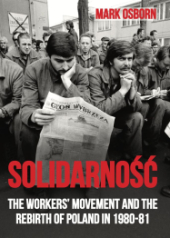 Book Cover "Solidarność" in red displayed over a photo of striking dockers