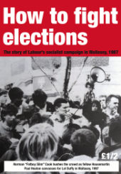 Pamphlet Cover "How to Fight Elections: The Story of Labour's Socialist Campaign in Wallasey, 1987" above a photo of Norman Cook (Fatboy Slim) hushing the crowd at a canvassing session for Lol Duffy