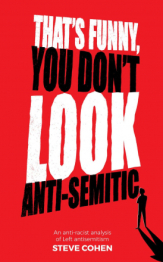 Book Cover "That's Funny You Don't Look Antisemitic: An Anti-racist Analysis of Left Antisemitism" on a red backgroung. In the bottom right corner a small silhouette and shadow of a person.
