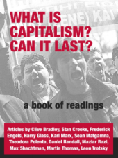 Book Cover "What is Capitalism? Can it last?" over a black and white photo of protestors shouting