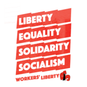 T-Shirt design "Liberty, Equality, Solidarity, Socialism" on waving red flags above Workers' Liberty in Red