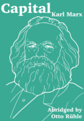 Book Cover "Capital: An Abridgment" in white on a light blue-green background with a stylised line drawing of Karl Marx in the center of the page.