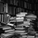 Black and white photo of a stack of books