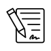 A simple black-and-white icon of a pencil writing on a sheet of paper. The paper shows a few horizontal lines representing text and a scribbled signature at the bottom.