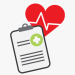 A stylized healthcare icon showing a clipboard with lines representing text and a green medical cross symbol, set in front of a red heart with a white heartbeat line.