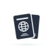 A simple icon of two passports, one slightly overlapping the other, with a globe symbol on the front cover.