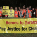 RMT cleaners' picket line, a large yellow banner reads "Heroes to Zeroes: Pay Justice for Cleaners"