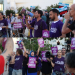 A two-panel photograph of a Standing Together demonstration. In the upper panel, demonstrators in purple Standing Together T-shirts hold signs and one person speaks through a megaphone. In the lower panel, a diverse group of demonstrators, including Palestinian and Jewish participants, hold purple signs in Hebrew and Arabic opposing settler violence and speak through megaphones.